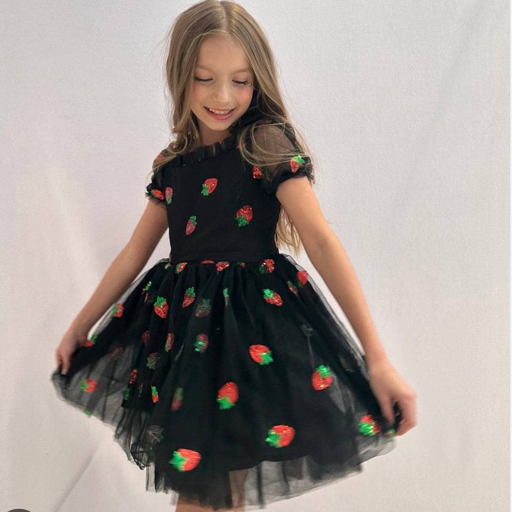 NEW without tags Lola and the Boys Black Sequin Strawberry Tulle Dress, Size 10